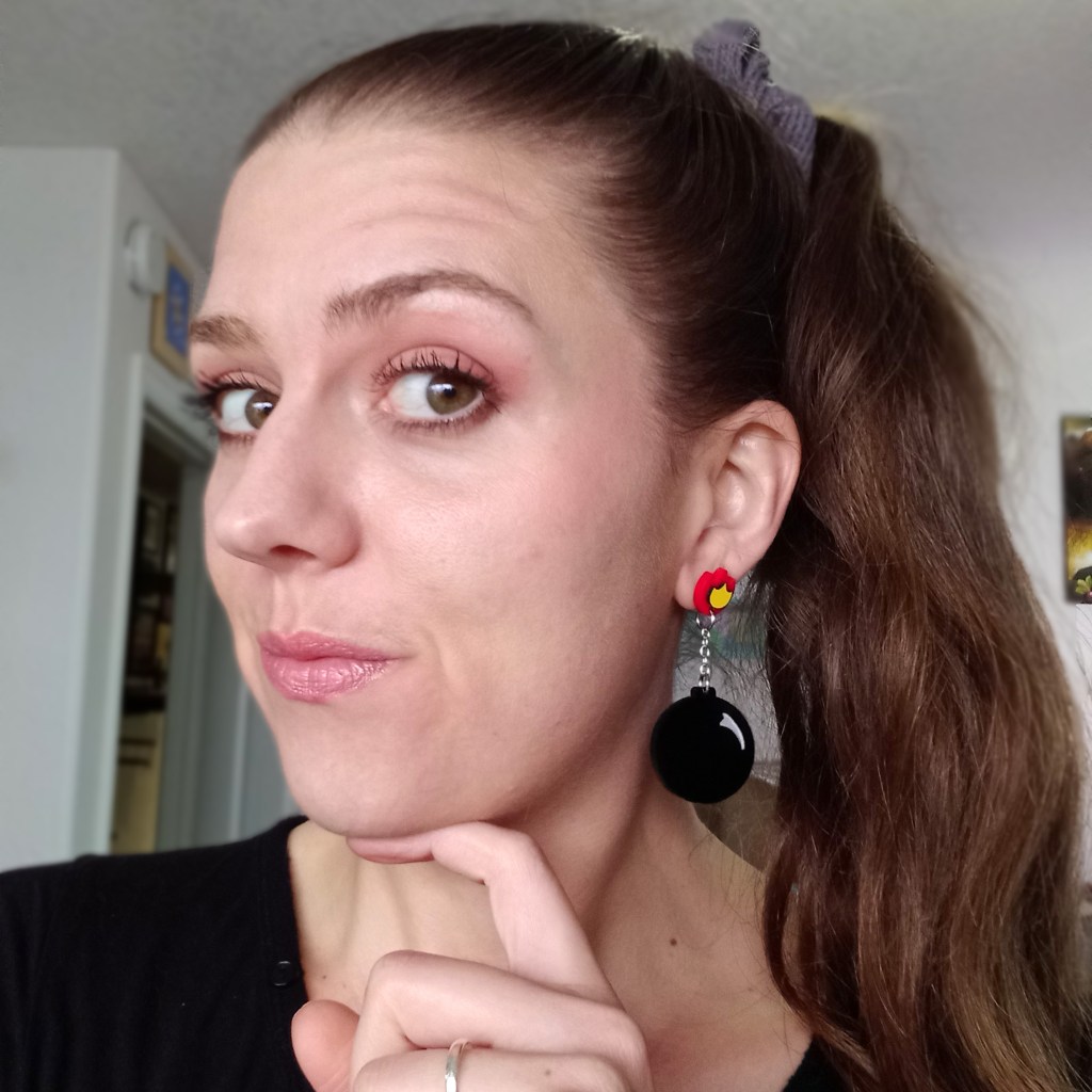 The Bomb Explosive cartoon emoji black bomb with lit fuse funny goth big statement dangle stud earrings 4