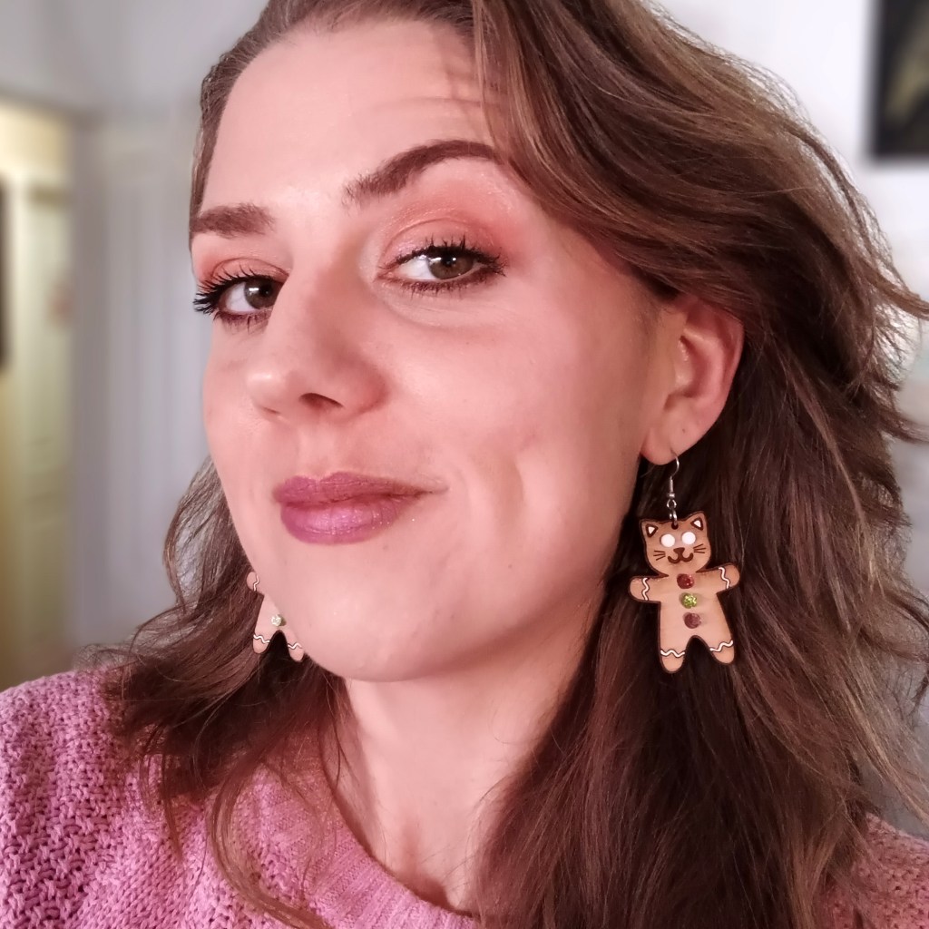 Wood Kitty Cat Gingerbread Man Cat Holiday Christmas Cookies Big Dangle Earrings xmas jewelry 3