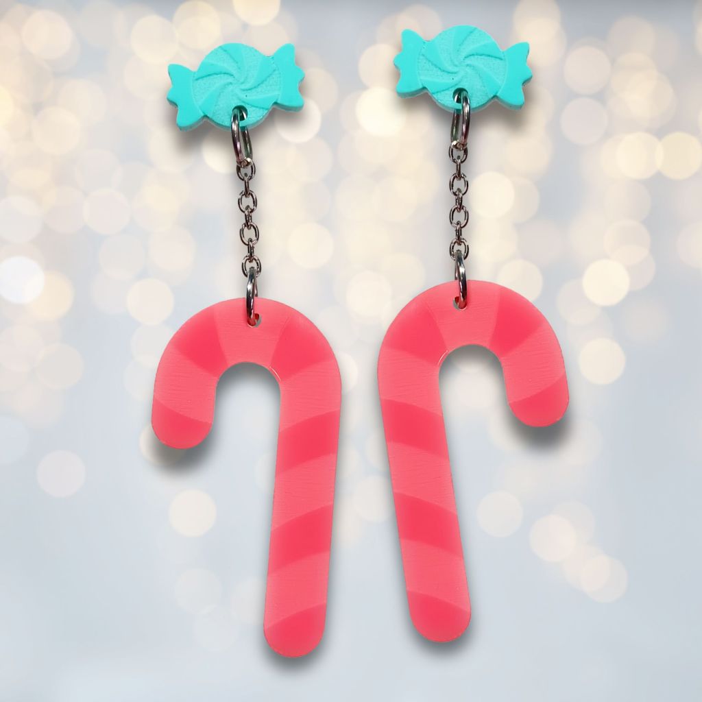 pastel mint green and pink holiday candy cane cute christmas earrings